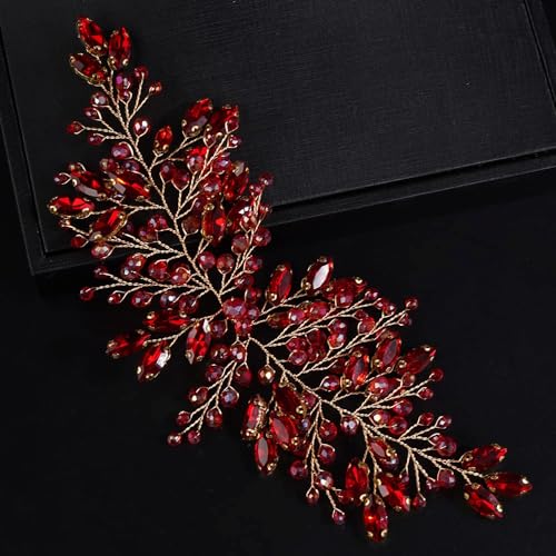 Boho Red Rhinestones Headband for Women Girls Wedding Bridal Handmade Branches Headpiece Special Occasion Hair Styling Jewelry (Red) - color: Red