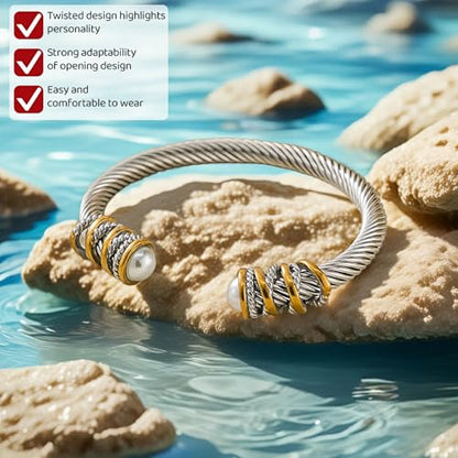 Stainless Steel Twisted Cable Wire Bracelet, Twisted Cable Bracelet with Composite Shell Pearl 6" Cuff Bracelets - color: Silver and Gold