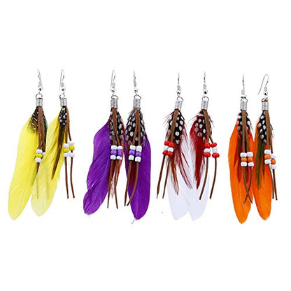 Boho Colorful Feather Dangle Earrings Handmade Beads Taseel Fashion Earrings for Women - color: White