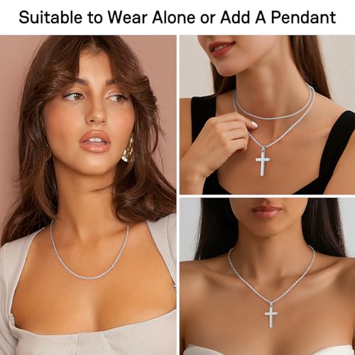 925 Sterling Silver Chain Necklace for Women, 2mm Rope Chains 14K Gold Plated Chain for Women Shiny Women's Chains Necklace 16 18 20 22 24 26 Inch - color: Sterling Silver