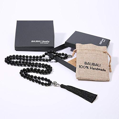 108 Mala Beads Necklace Semi-Precious Gem Stones Meditation Necklace 108 Hand Knotted Japa Mala Beaded Tassel Necklace with Tree of Life Pendant - color: Natural Black Agate