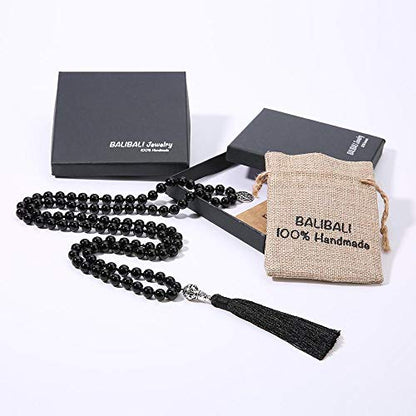 108 Mala Beads Necklace Semi-Precious Gem Stones Meditation Necklace 108 Hand Knotted Japa Mala Beaded Tassel Necklace with Tree of Life Pendant - color: Natural Black Agate