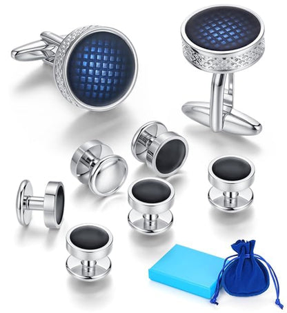 Cuff Links Mens Blue, Cuff Links Mens and Tuxedo Studs Set, Cufflinks for Men Gold Gift Box, Men's Jewelry or Accessories Cufflinks for Suit Shirt Bussiness Wedding Anniversary (Silver)