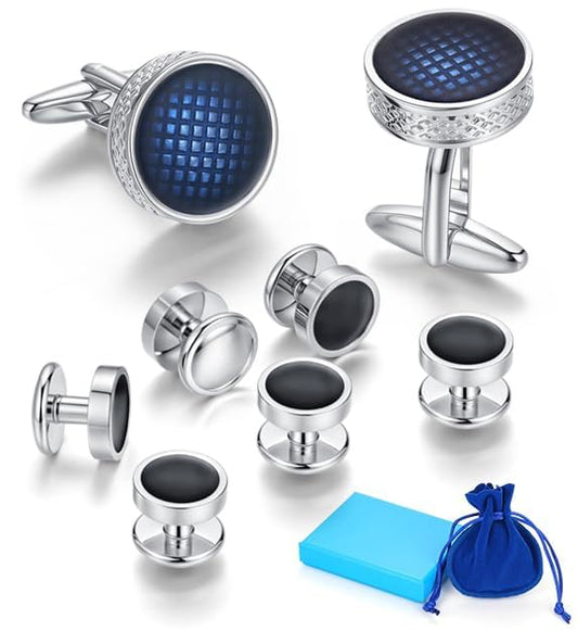 Cuff Links Mens Blue, Cuff Links Mens and Tuxedo Studs Set, Cufflinks for Men Gold Gift Box, Men's Jewelry or Accessories Cufflinks for Suit Shirt Bussiness Wedding Anniversary (Silver)