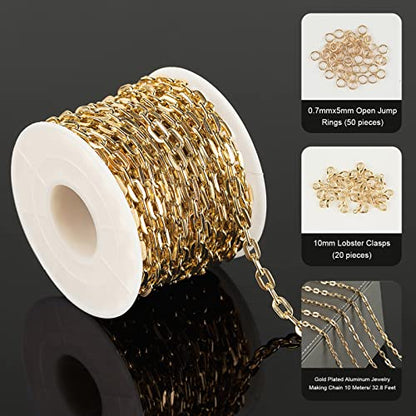 32.8 Feet Gold Plated Chain Bulk, Aluminum Paperclip Necklace Bracelet Chain for Women Men Jewelry Making Chain Roll with Jump Rings and Lobster Clasps - color: 4.3×6.8mm-Gold