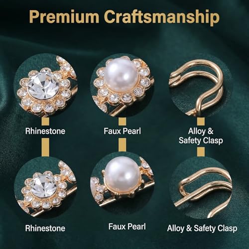 4 Pcs Women Brooch Pins Set, Faux Crystal Pearl Decorative Brooches, Multipurpose Sweater Shawl Clips, Safety Fastener Clothes Buckle Clips, Stylish Dress Shirt Clips for Daily Outfit Decoration