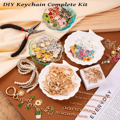 Wurosi 325PCS Charms Lip Gloss Keychain Making Kit, DIY Bag Charm Kit | Included 20 Keychain Clips 25 Extender Chain 118 Charms Jewelry Plier, Keychain Making Supplies for Jewelry Making,Xmas Gifts - color: 325 Pcs Gold Keychain Kits