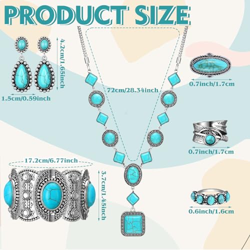 Ecally Bohemian Western Jewelry Turquoise Set Women Country Pendant Long Choker Layered Bracelets Earrings Ring for Women - color: Turquoise, style: Bright