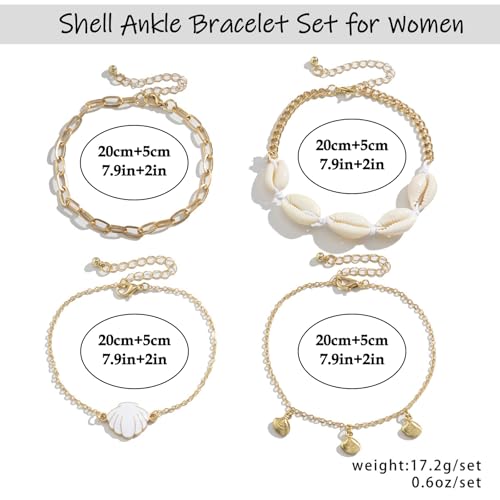 Shell Ankle Bracelet Set for Women,Boho Adjustable Beads Anklet Pack Natural White Shells Stack Stretch Seashell Pearl Starfish Bracelet Set Hawaiian Beach Vacation Foot Jewelry - style: A-Shell 4Pcs