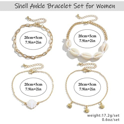 Shell Ankle Bracelet Set for Women,Boho Adjustable Beads Anklet Pack Natural White Shells Stack Stretch Seashell Pearl Starfish Bracelet Set Hawaiian Beach Vacation Foot Jewelry - style: A-Shell 4Pcs
