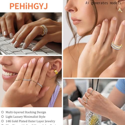 Stackable Rings Women Non Tarnish 18K Gold CZ Interlocking Ring Set | 18K Gold Plated, Hypoallergenic & Non Tarnish, Cubic Zirconia, Mixed Metals, Dainty Stacking Set, Gift for Her - color: Gold