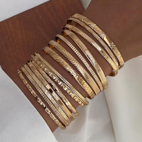 17IF Gold Bangle Bracelet For Women, 14k Multilayer Charm Textured Stackable Bracelets Boho Indian Chunky Cuff Fashion Jewelry Gift - style: 14 Pcs