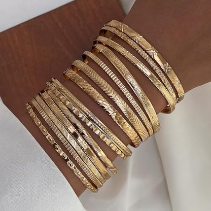 17IF Gold Bangle Bracelet For Women, 14k Multilayer Charm Textured Stackable Bracelets Boho Indian Chunky Cuff Fashion Jewelry Gift - style: 14 Pcs