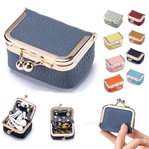 Genuine Leather Mini Jewelry Box & Coin Purse for Women, Travel Jewelry Case with Kiss Lock, Holds Earrings, Rings, Necklace, Bracelet, Coins (Blue) - color: Blue