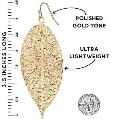Leaf Earrings for Women - Gold or Silver Tone Filigree Dangle Earrings | Plated in Gold Tone or Silver Tone - color: 3.5" inch - Large Gold