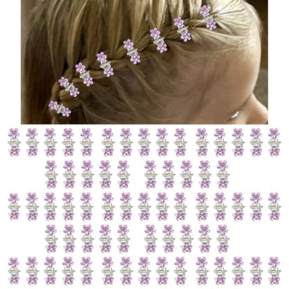 ANBALA 65PCS Mini Purple Flower Hair Clips with Rhinestone Mini Glitter Teeth Rhinestone Flower Hair Accessories No-Slip Grip Metal Jaw Clamps for Girls Women (Silver-Purple Crystal) - color: Purple