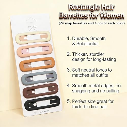 24 Pcs Rectangle Snap Hair Clips for Women Girls, 2.7 inch Large No Slip Neutral Matte Metal Hair Barrettes for Thick Thin Fine Hair - color: Black/Brown/Khaki/Grey/Pink/Beige
