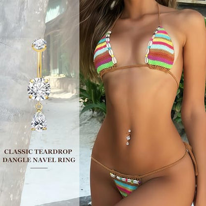 14G G23 Pure Titanium Dangle Belly Button Ring for Women Teardrop Dangling Belly Ring Internally Threaded Barbell Dainty Dangly Navel Ring CZ Belly Piercing Jewelry 6-16MM - color: Gold, size: Bar Length 14mm-Slightly Longer