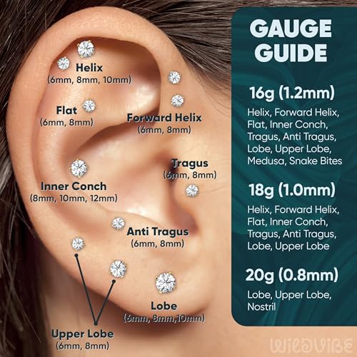 Threadless Flat Back Earrings for Tragus, Helix, Conch, Daith, Cartilage Piercings - G23 Titanium Flatback Stud Earrings with Grade AAAAA Cubic Zirconia - Threadless Flat Back Nose Stud Push Pin Ring Earring Studs (18g, 16g, 20g - 6mm, 8mm) - color: Gold,