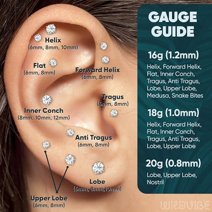 Threadless Flat Back Earrings for Tragus, Helix, Conch, Daith, Cartilage Piercings - G23 Titanium Flatback Stud Earrings with Grade AAAAA Cubic Zirconia - Threadless Flat Back Nose Stud Push Pin Ring Earring Studs (18g, 16g, 20g - 6mm, 8mm) - color: Gold,
