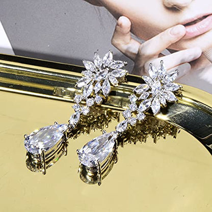 CZ Bridal Earrings for Wedding - 14k Plated Sterling Silver Elegant Teardrop Cubic Zirconia Crystal Rhinestone Floarl Leaf Cluster Chandelier Statement Dangle Drop Earrings for Bride Bridesmaids Party - color: Silver Tone