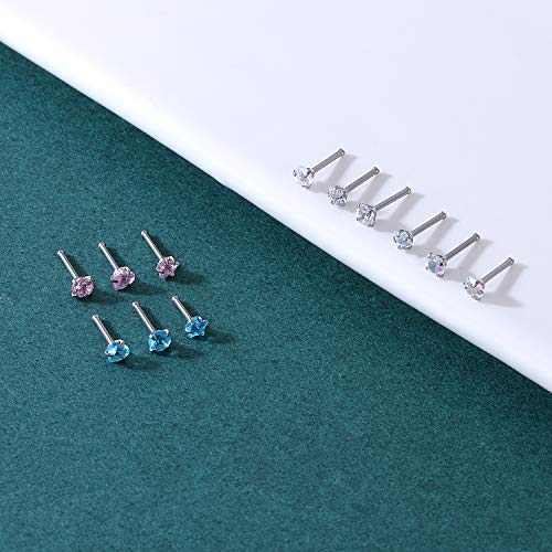 ZS 20G Nose Stud Rings Set, Stainless Steel CZ Nose Piercing Jewelry | Hypoallergenic Nose Bone Rings, L Shaped & Screw Nose Studs, 3mm CZ Stone Nostril Jewelry for Women Men - color: 12pcs Nose Bone Style