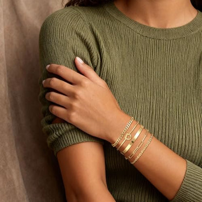 14K Gold Plated Stackable Bangle Bracelets Set for Women | Cuff Bracelet Stackable Bangles Bracelet for Women Trendy Fashion Accessories Tie Knot Cuban Rope Paperclip Beaded Bracelets - color: 5-layer F GD