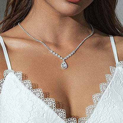 JAKAWIN Silver Clip On Earrings and Necklace Set Wedding Jewelry Sets | Rhinestone Bridal Necklaces for Women