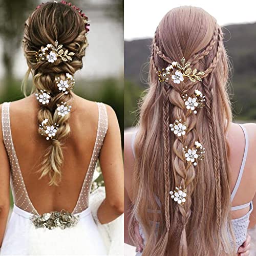 5 Pieces Bridal Flower Wedding Hair Pins Crystal Pearl Hair Pins Clips Headpiece Gold Wedding Hair Accessories Jewelry with Rhinestone for Brides Bridesmaids Women Girls Updo(Pure White Flower) - color: Exquisite Flower Leaves&Pure White Flower