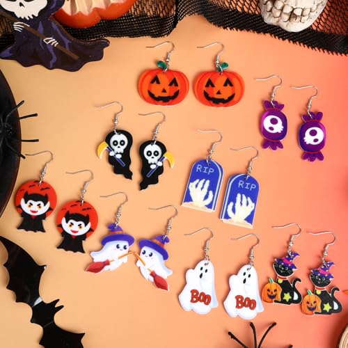 8 Pairs Halloween Acrylic Earrings for Women Spooky Dangle Jewelry | Pumpkin Ghost Candy Earrings, Halloween Jewelry Gifts Party Accessories, Lightweight Acrylic, Double Side Design - style: Halloween