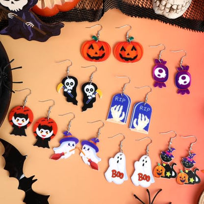 8 Pairs Halloween Acrylic Earrings for Women Spooky Dangle Jewelry | Pumpkin Ghost Candy Earrings, Halloween Jewelry Gifts Party Accessories, Lightweight Acrylic, Double Side Design - style: Halloween