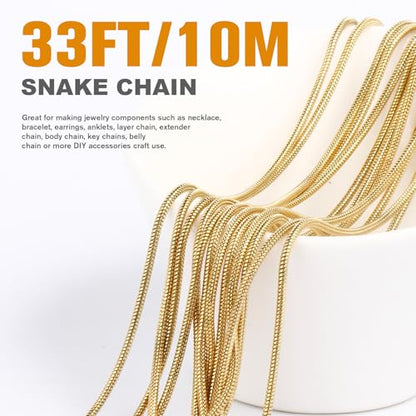 33FT 1mm Thin Stainless Steel Gold Snake Chains Bulk for Jewelry Making | 18K Gold PVD Plated 304 Stainless Steel Round Snake Chain Roll Spool for DIY Craft - color: 1mm Gold Round Snake Chains