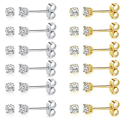 MDFUN Hypoallergenic CZ Stud Earrings Set for Women/Men,6 Pairs 18K Gold Plated Round 3-8mm Clear Cubic Zirconia Earring Pack Jewelry Gift - color: White and Yellow gold-3mm-12 pairs