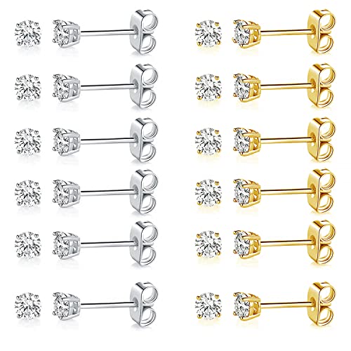MDFUN Hypoallergenic CZ Stud Earrings Set for Women/Men,6 Pairs 18K Gold Plated Round 3-8mm Clear Cubic Zirconia Earring Pack Jewelry Gift - color: White and Yellow gold-3mm-12 pairs