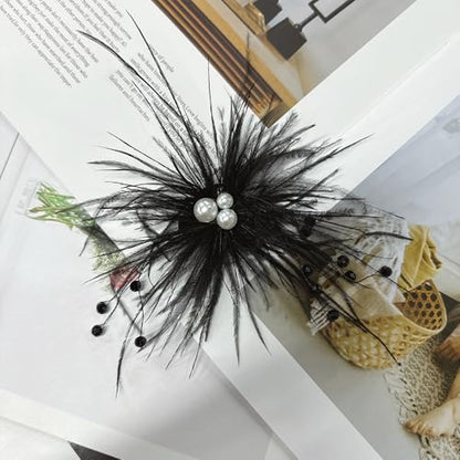 Elegant Feather Flower Pearl Cz Large Brooch Pin for Women Men Rhinestone Crystal Floral Lapel Pins Wedding Party Banquet Dress Suit Clothes Accessories Fashion Jewelry 180mm - color: Black