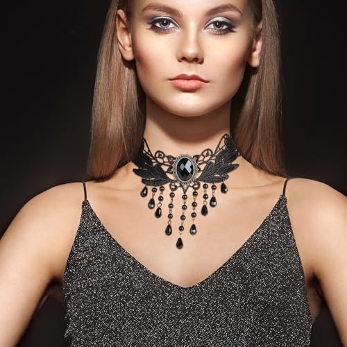 Gothic Victorian Style Vampire Choker Necklace for Women Black Crystal Tassel Lace Collar Necklace Halloween Punk Black Sexy Lace Necklace Halloween Cavewoman Costume - style: Crystal Tassel