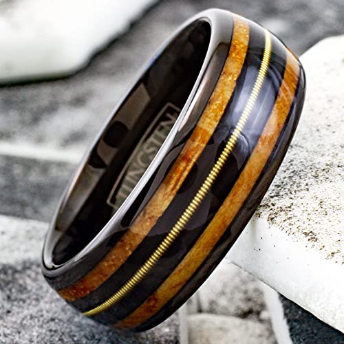 Personalized Engraved 8mm Piano Black Tungsten Carbide Low Dome Band Ring with Genuine Guitar String on Black Between Whiskey Barrel Oak Wood Inlays.