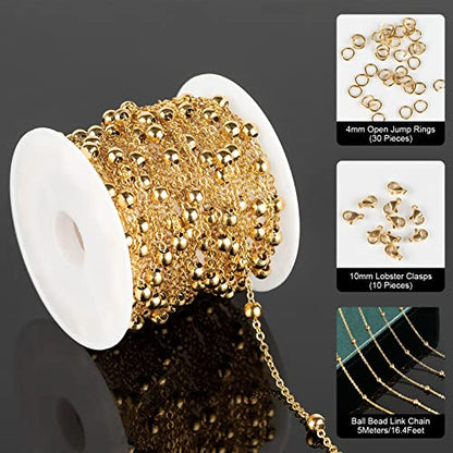 16.4 Feet Gold Stainless Steel Chains for Jewelry Making 4mm Ball Beaded Link Cable Chain Necklace Spool Bulk with 10 Lobster Clasps and 30 Jump Rings for Men Women - color: Gold Bead