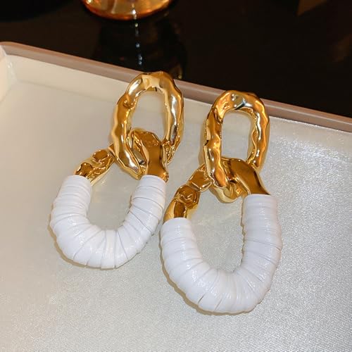 Chunky Gold Acrylic Chain Statement Earrings for Women,Exaggerated Thick Chain Artificial Leather Wrap Dangle Earrings Trendy Geometric Ear Jewelry - color: White