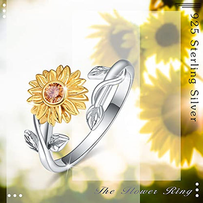 Sunflower Rings for Women, 925 Sterling Silver CZ You are My Sunshine Adjustable Open Band Rings Jewelry Gifts for Girls Size 7-8
