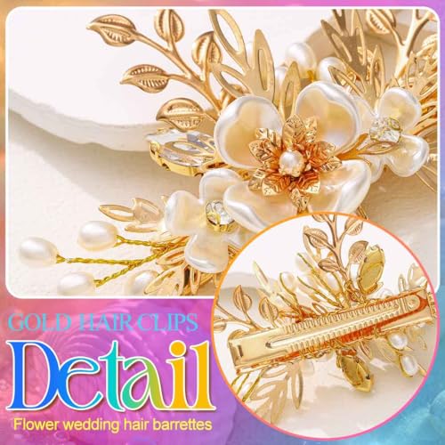BARTOSI Gold Flower Bride Wedding Hair Clips Bridal Hair Pieces Floral Hair Accessories for Women and Girls