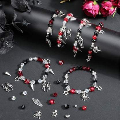 SUNNYCLUE 1 Box 6 Sets Halloween Bracelets Kit Coffin Spider Charms Gothic Charm Round Heart Star Bead Black Red Glass Spacer Beads for Jewelry Making Kits Women Adults DIY Bracelets Craft Gifts