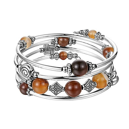Beaded Pearl Bangle Wrap Bracelet - Fashion Bohemian Jewelry Multilayer Charm Bracelet with Thick Silver Metal Beads, Gift For Women - color: Brown