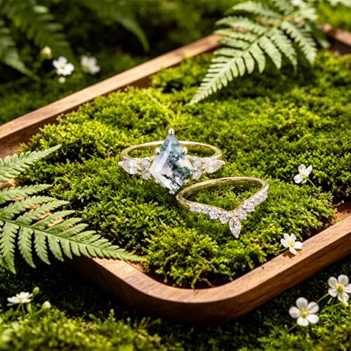 14K Gold Plated Natural Moss Agate Stackable Ring for Women | Promise Wedding Band Diamond Cut Green Moss Agate Stackable Rings Set Valentine & Anniversary Jewelry Gifts Size 5-9 - color: Yellow Gold