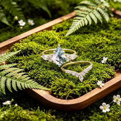 14K Gold Plated Natural Moss Agate Stackable Ring for Women | Promise Wedding Band Diamond Cut Green Moss Agate Stackable Rings Set Valentine & Anniversary Jewelry Gifts Size 5-9 - color: Yellow Gold