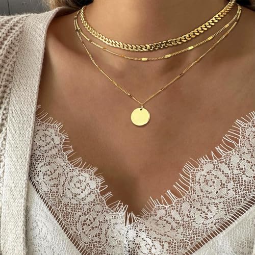 Layered Gold Silver Necklaces for Women, Stackable Stack 14K Real Gold Plated Silver Chain Necklace Diamond Circle CZ Layering Pendant Necklaces Trendy Gold Jewelry Set Gifts - color: gold, style: 3PC-Coin
