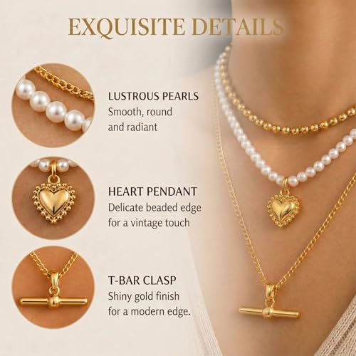 Layered Necklaces for Women Pearl Necklace Stack Gold T Bar Necklace Set Dainty Heart Pendant Jewelry Trendy 2026 Fashion Accessories Gifts - color: A3:3pcs-gold