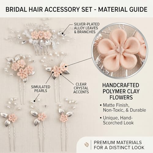 6 Pcs Bridal Flower Wedding Hair Pins Crystal Pearl Hair Clips Headpiece Wedding Hair Accessories Jewelry with Rhinestone for Brides Bridesmaids Women Girls Updo(Pink) - color: Pink6Pcs