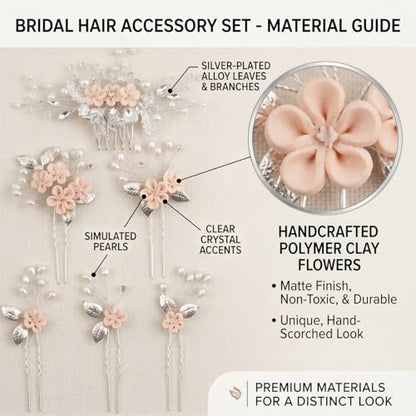 6 Pcs Bridal Flower Wedding Hair Pins Crystal Pearl Hair Clips Headpiece Wedding Hair Accessories Jewelry with Rhinestone for Brides Bridesmaids Women Girls Updo(Pink) - color: Pink6Pcs