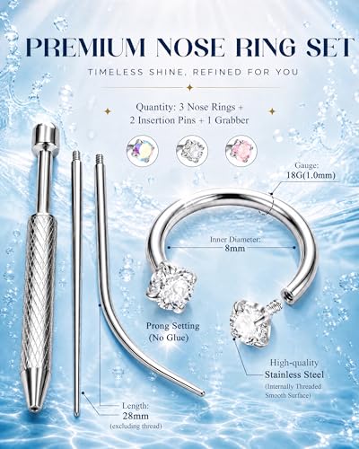 Sanfenly 18G Horseshoe Nose Ring for Women Surgical Steel Nose Rings Hoops | Hypoallergenic Nose Piercings Jewelry, Septum Rings Hoop Studs Tragus Earrings Helix Cartilage Lip Ring - color: Silver Plated-3pcs-6/8/10mm